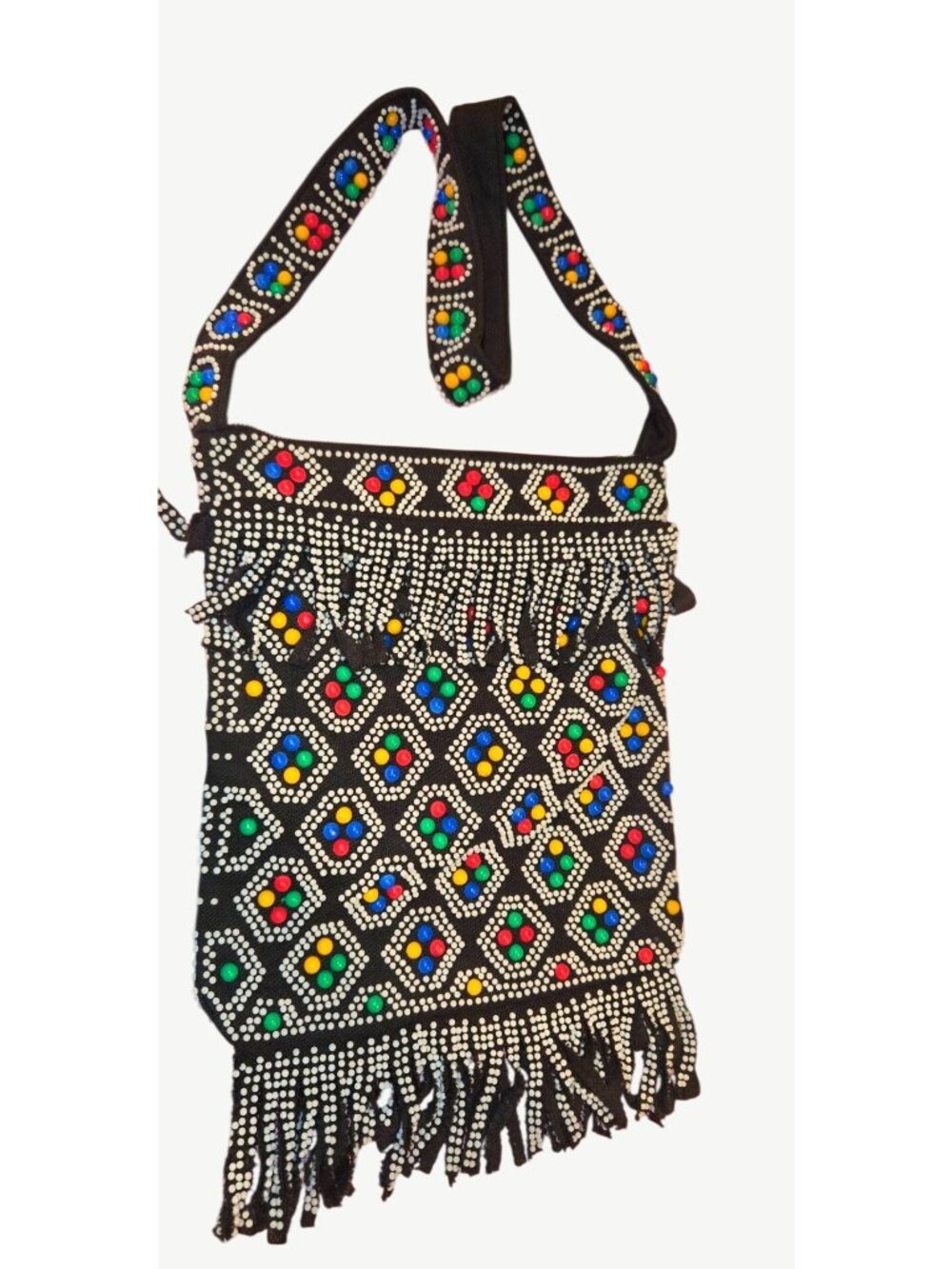 1960s New Old Stock Colorful Beaded Crossbody Bag Fringe Black Base Multicolor B